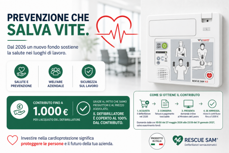 Contributo DAE 2026 fino a 1.000 euro per defibrillatore Rescue Sam 4.0 in azienda